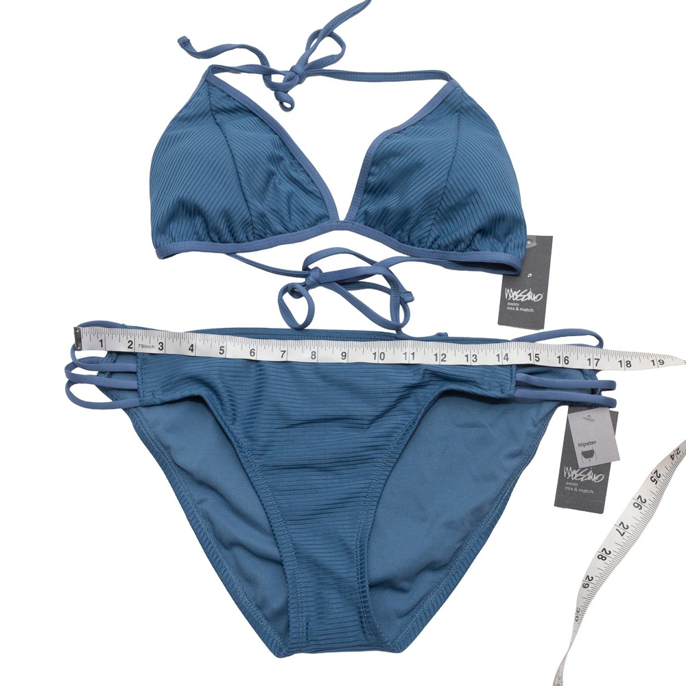 Mossimo Bikini Set Women XL Blue NEW Ribbed Triangle Top Hipster Strappy 2 Piece - Picture 3 of 6